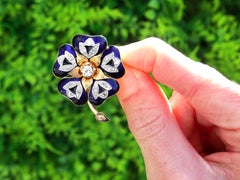 Antique Diamond and Enamel Flower Brooch in 18k Yellow Gold