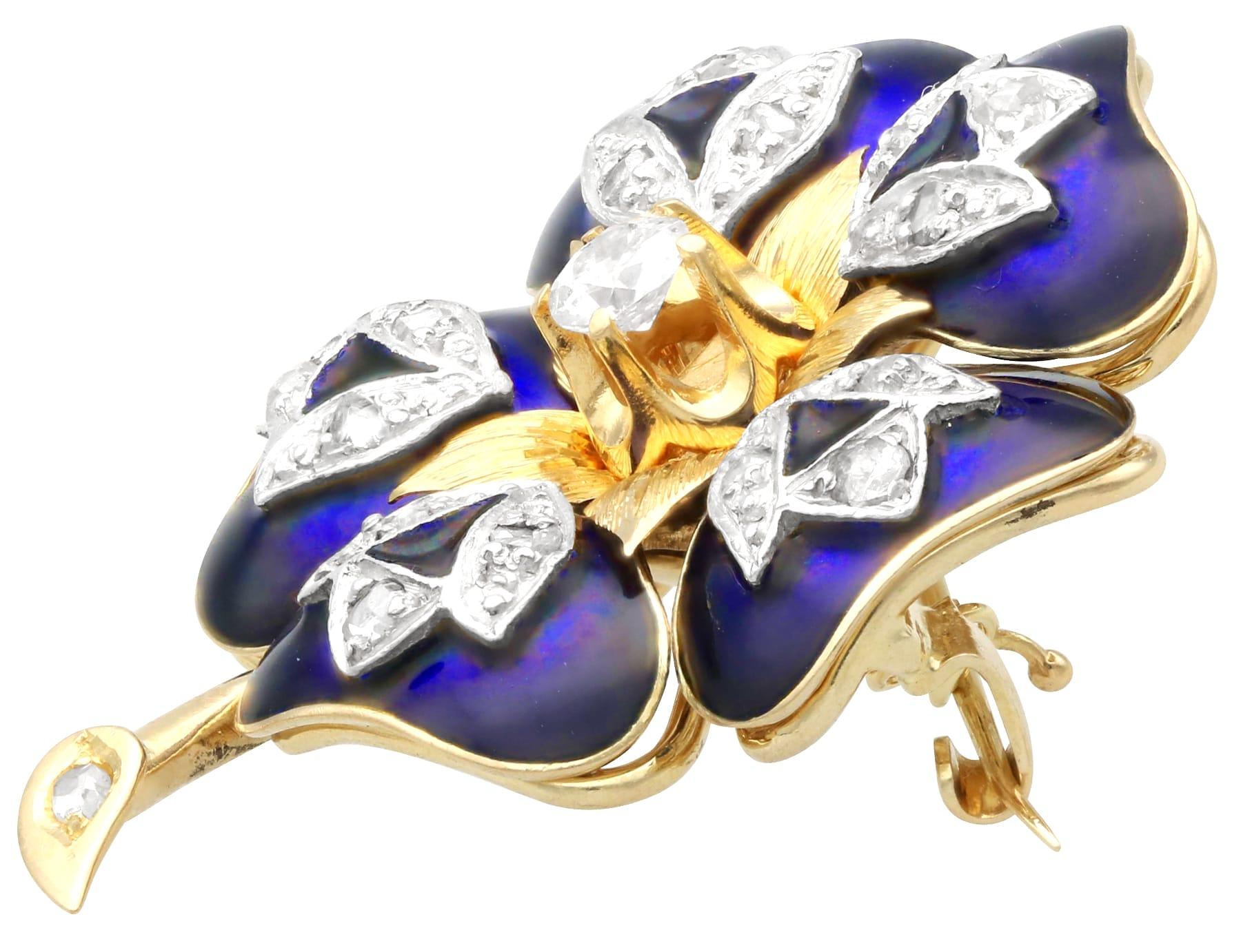 Old European Cut Antique 0.52 Carat Diamond and Enamel 18k Yellow Gold Flower Brooch For Sale