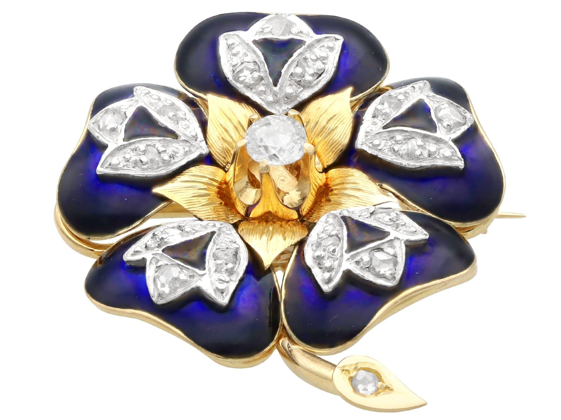 Antique Diamond and Enamel Flower Brooch in 18k Yellow Gold For Sale 1