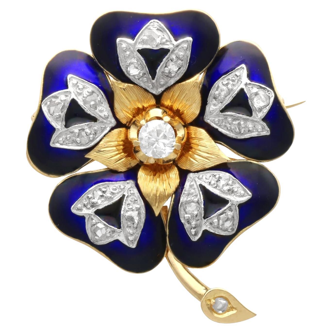 Antique Diamond and Enamel Flower Brooch in 18k Yellow Gold