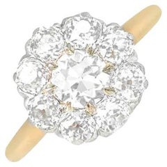 Bague ancienne en grappe de diamants 0,55 carat, couleur H, platine et or jaune 18 carats