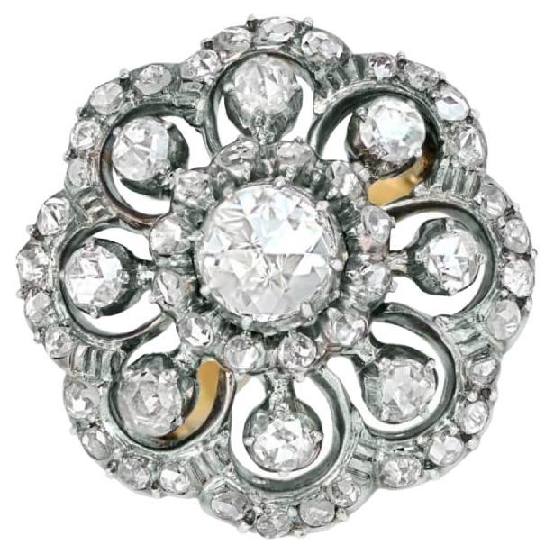 Antique 0.55ct Rose Cut Diamond Cluster Engagement Ring, 18k Yellow Gold For Sale