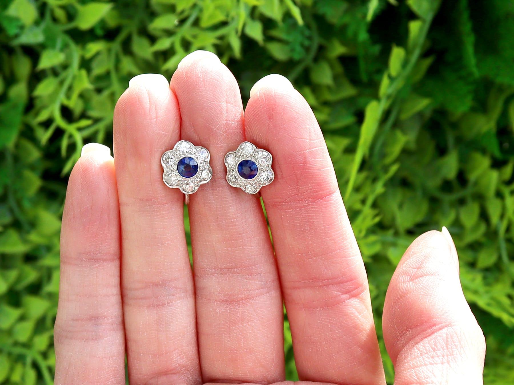 A fine and impressive pair of 0.56 carat sapphire and 0.60 carat diamond, platinum and 9 karat white gold set earrings; part of our diverse antique sapphire earring collection.

These fine and impressive antique sapphire and diamond earrings have