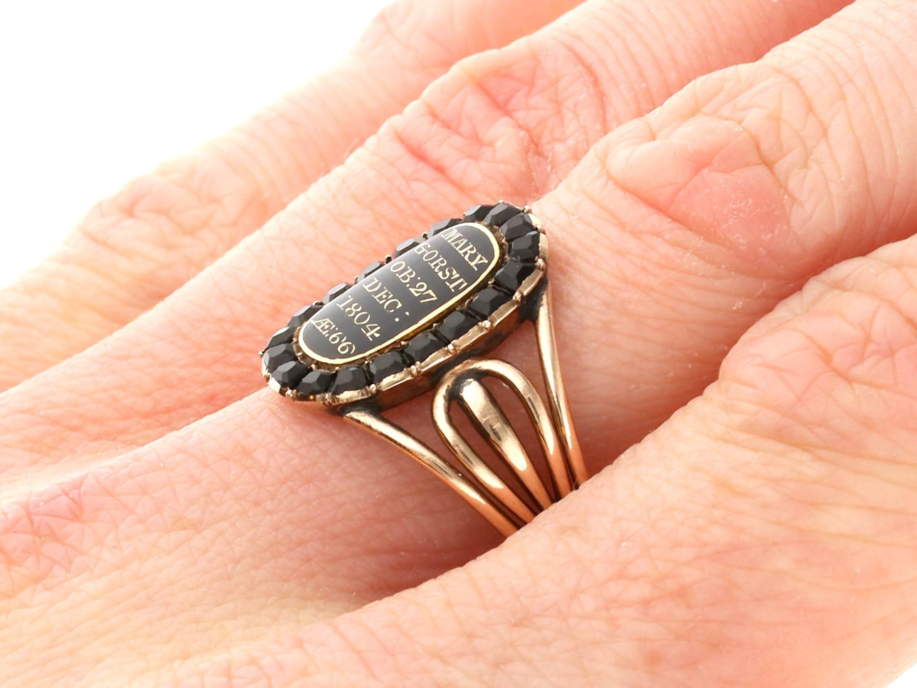 Antique 0.57Ct Jet, Black Enamel and 9k Yellow Gold Mourning Ring Circa 1804 For Sale 6