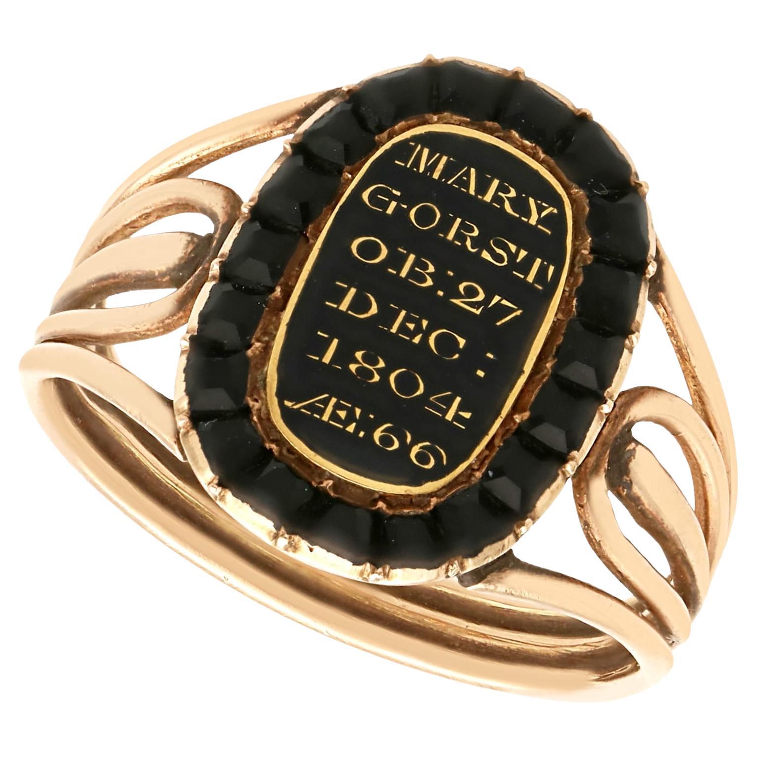Antique 0.57Ct Jet, Black Enamel and 9k Yellow Gold Mourning Ring Circa 1804 For Sale