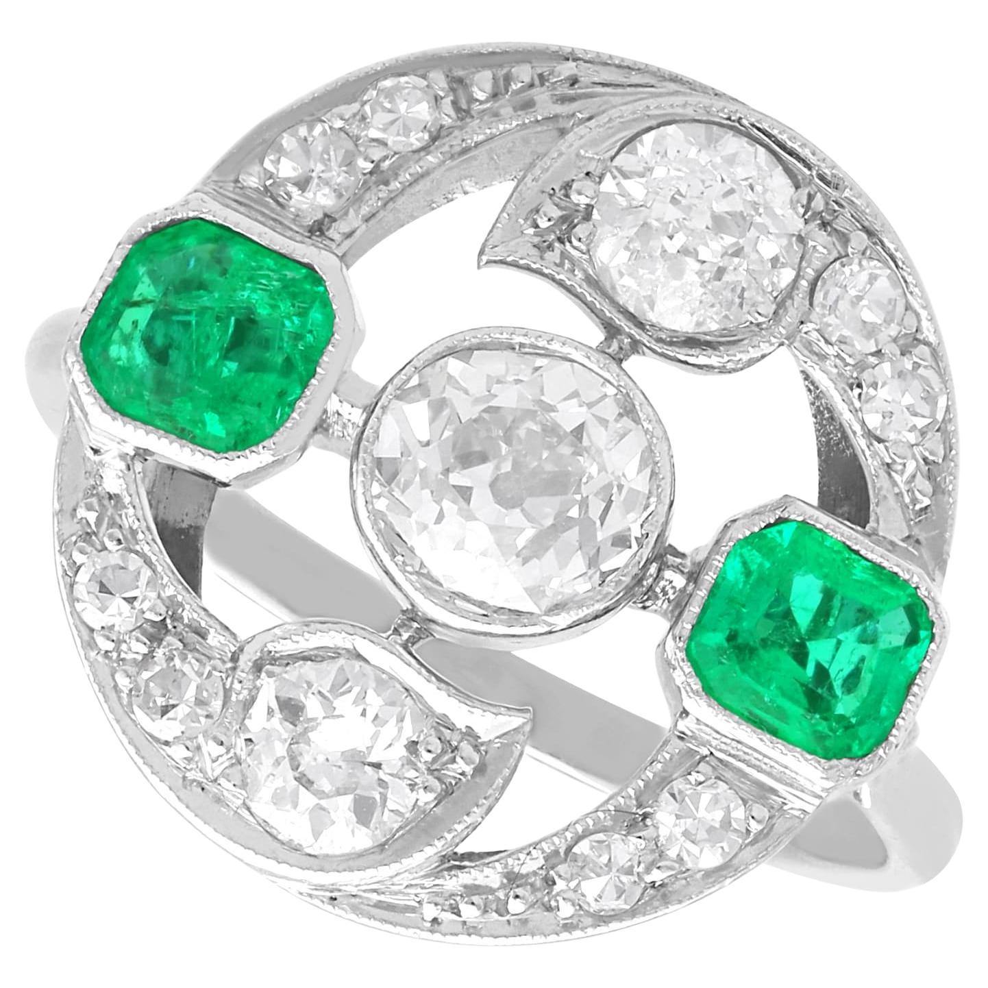 Antique 0.61 Carat Emerald and 1.45 Carat Diamond 18k White Gold Ring Circa 1920 For Sale