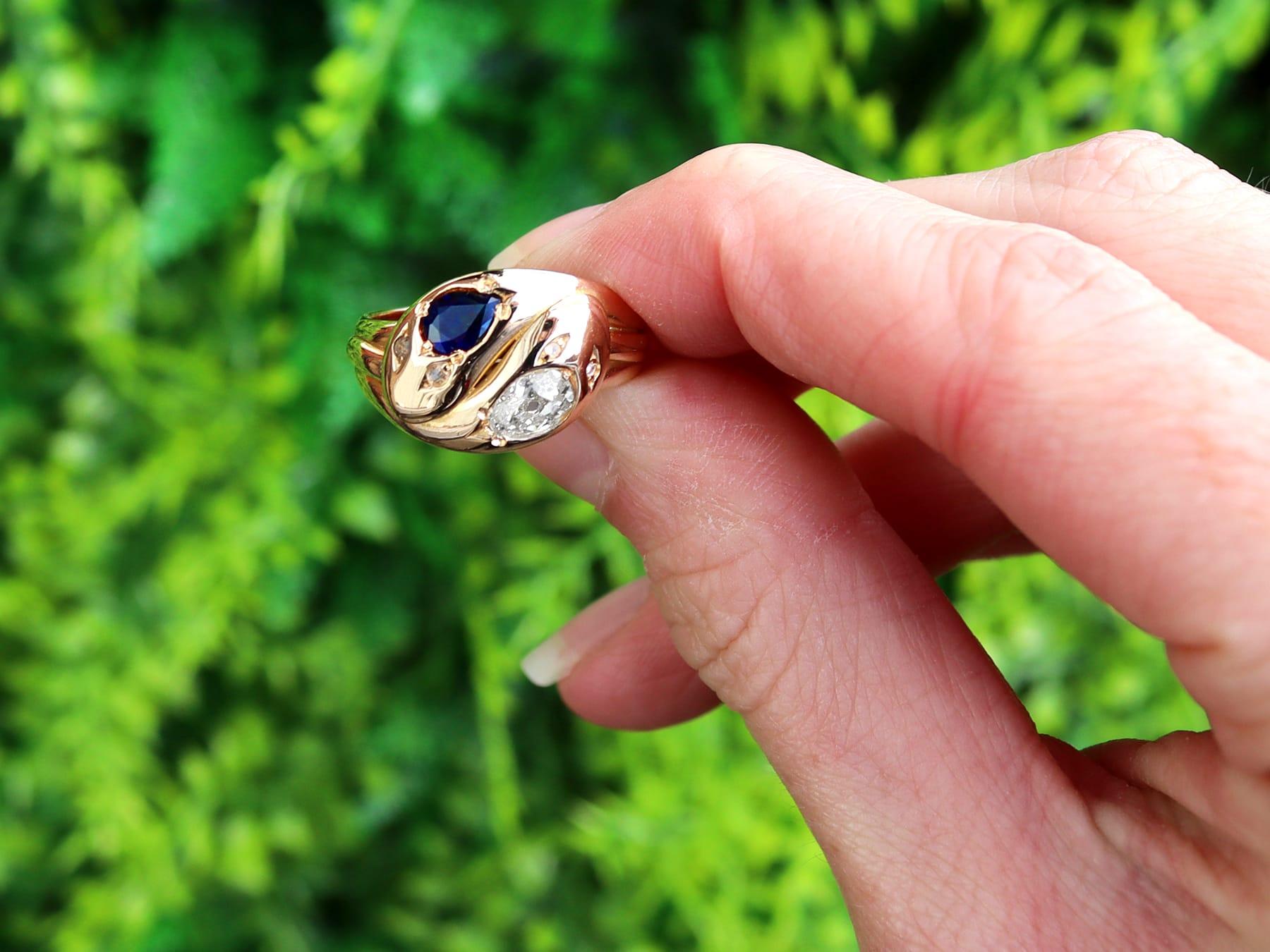 A stunning, fine and impressive antique 0.63 carat sapphire and 0.77 carat diamond, 18 carat yellow gold snake ring; part of our diverse antique jewellery collections

This stunning, fine and impressive antique Victorian ring has been crafted in 18