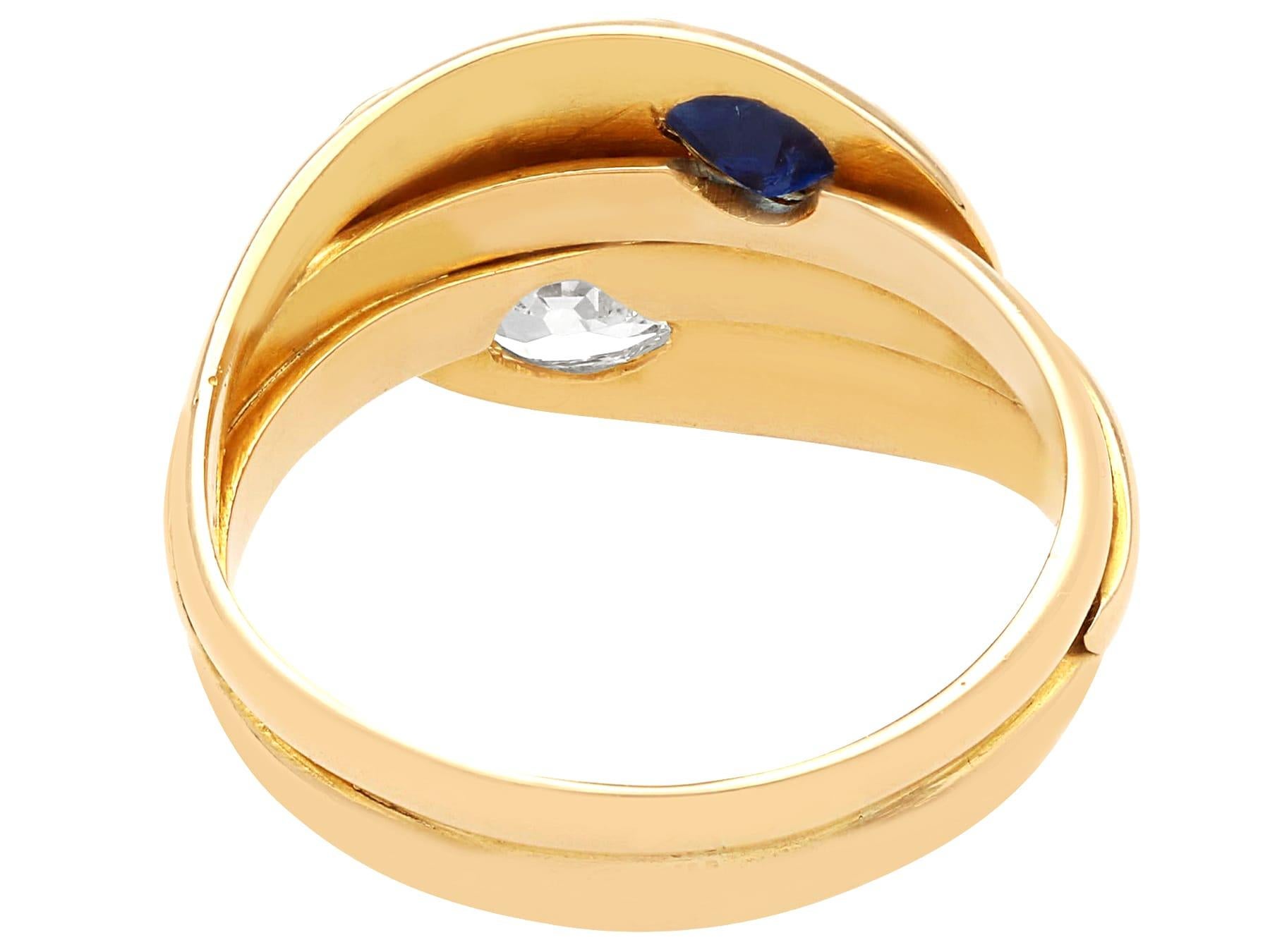 Antique 0.63 Ct Sapphire and 0.77 Ct Diamond, 18 Ct Yellow Gold Snake Ring In Excellent Condition For Sale In Jesmond, Newcastle Upon Tyne
