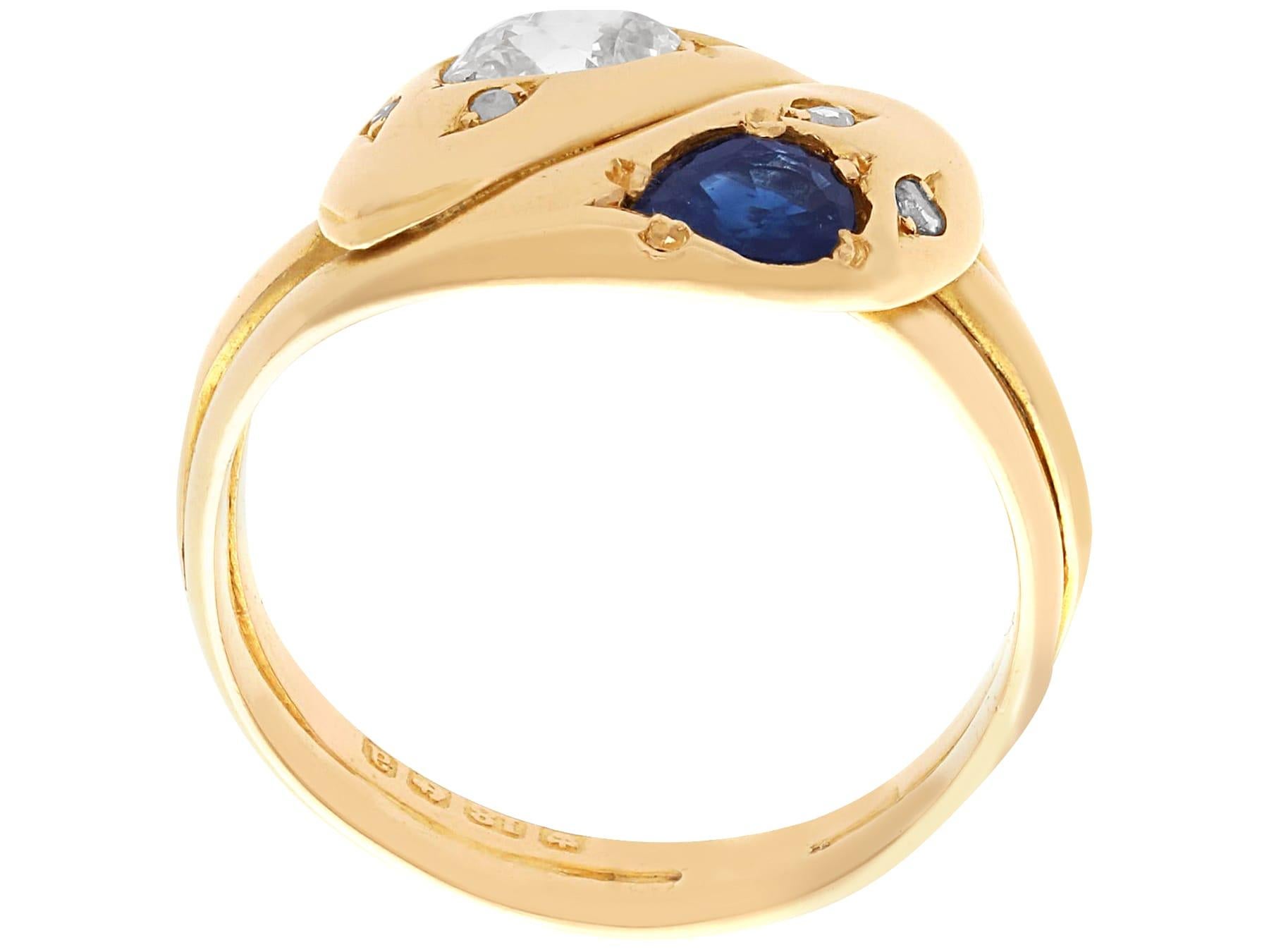 Women's or Men's Antique 0.63 Ct Sapphire and 0.77 Ct Diamond, 18 Ct Yellow Gold Snake Ring For Sale