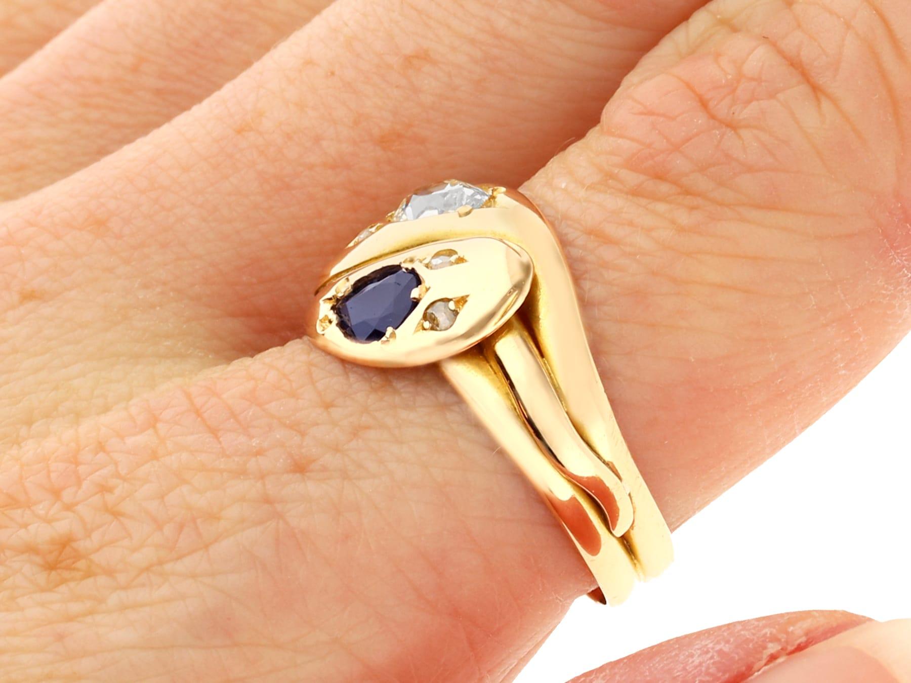 Antique 0.63 Ct Sapphire and 0.77 Ct Diamond, 18 Ct Yellow Gold Snake Ring For Sale 2