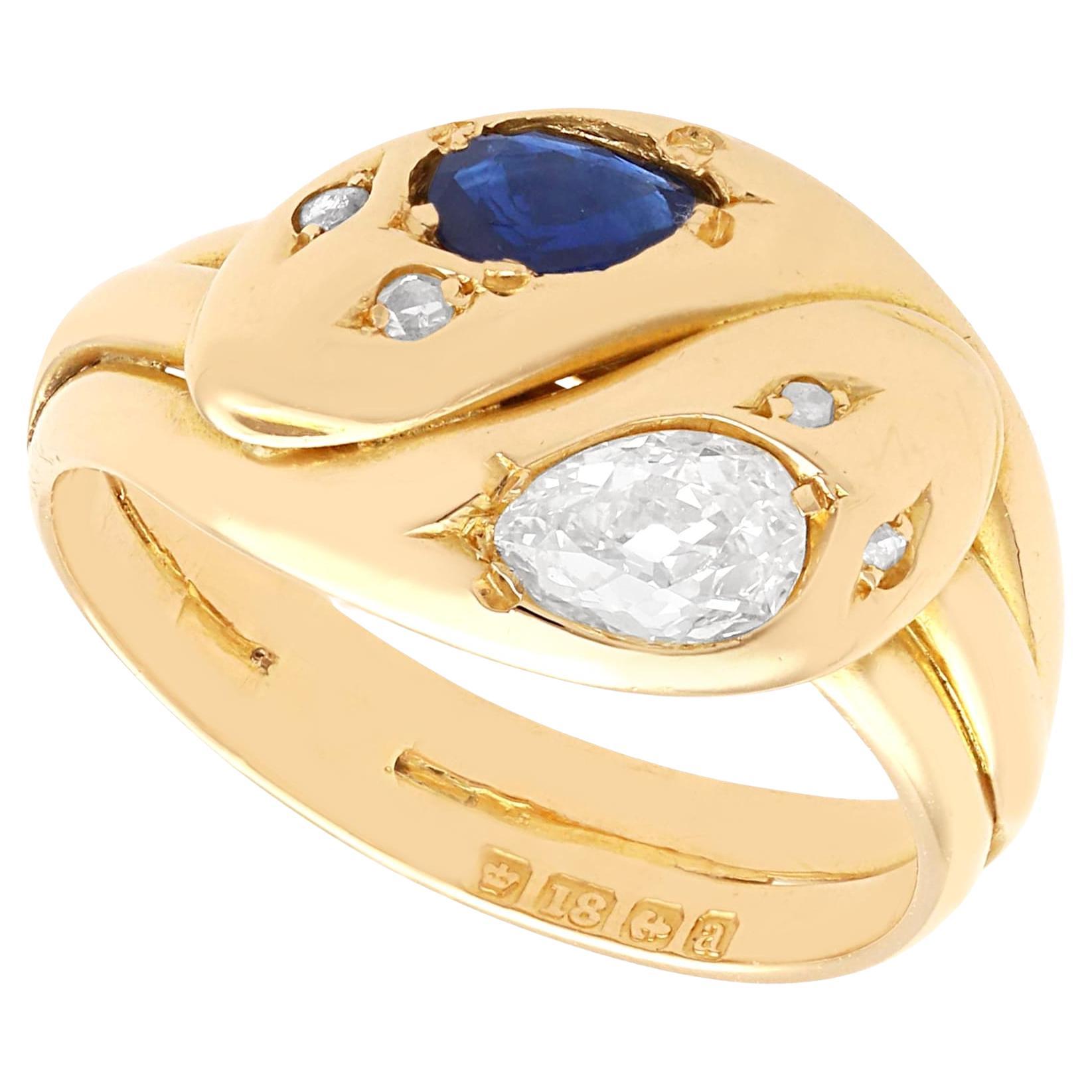 Antique 0.63 Ct Sapphire and 0.77 Ct Diamond, 18 Ct Yellow Gold Snake Ring For Sale