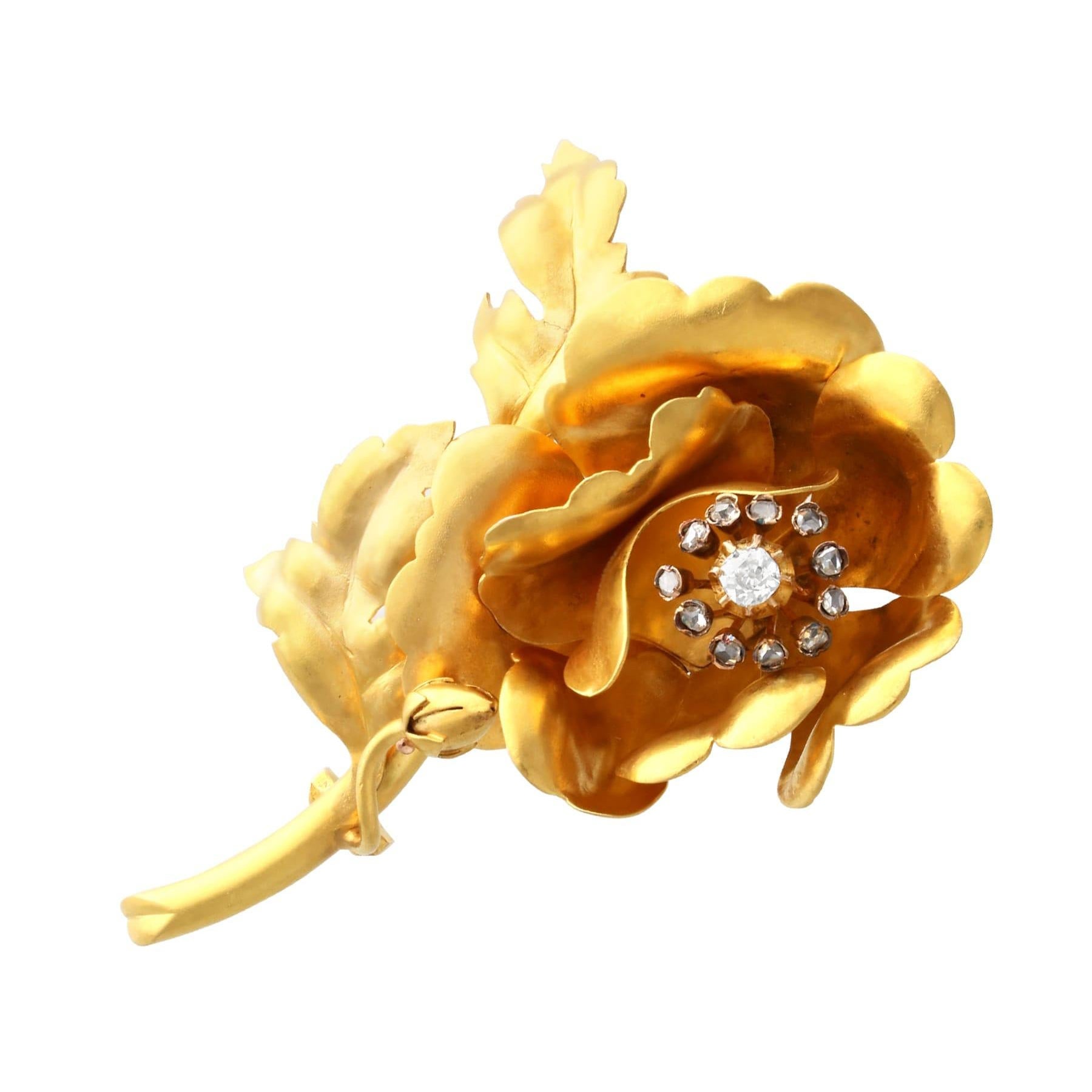 Antique 0.65 Carat Diamond and 22k Yellow Gold Floral Brooch Circa 1880
