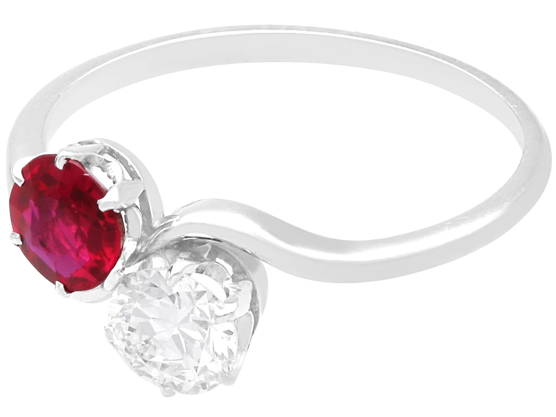 Round Cut Antique 0.65Ct Burmese Ruby and 0.48Ct Diamond, Platinum Twist Ring Circa 1925 For Sale