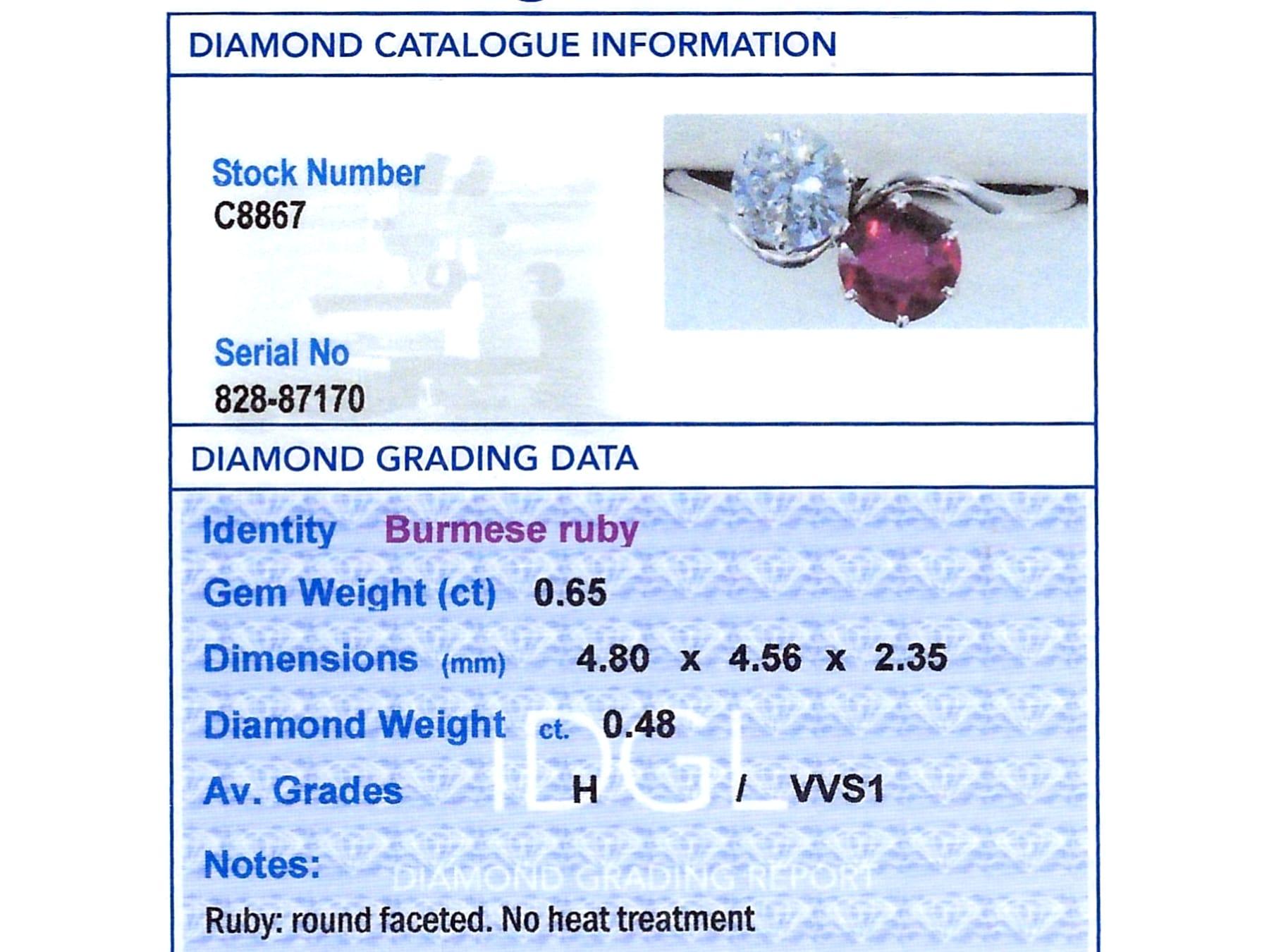 Antique 0.65Ct Burmese Ruby and 0.48Ct Diamond, Platinum Twist Ring Circa 1925 For Sale 4