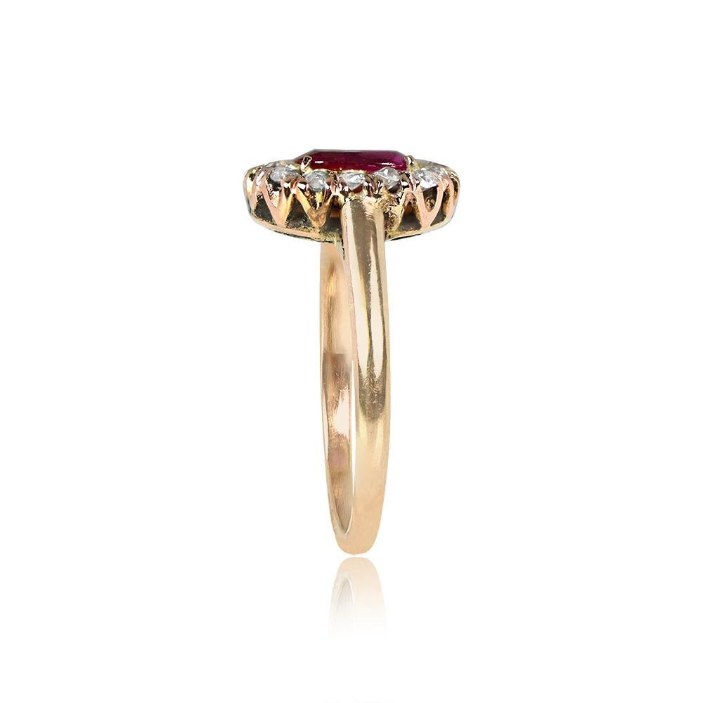 Victorian Antique 0.65ct Cushion Cut Ruby Engagement Ring, Diamond Halo, 18k Yellow Gold