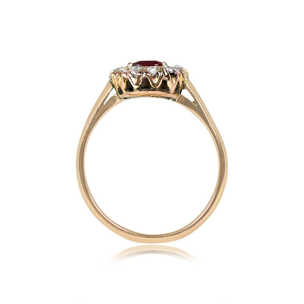 Antique 0.65ct Cushion Cut Ruby Engagement Ring, Diamond Halo, 18k Yellow Gold In Excellent Condition In New York, NY
