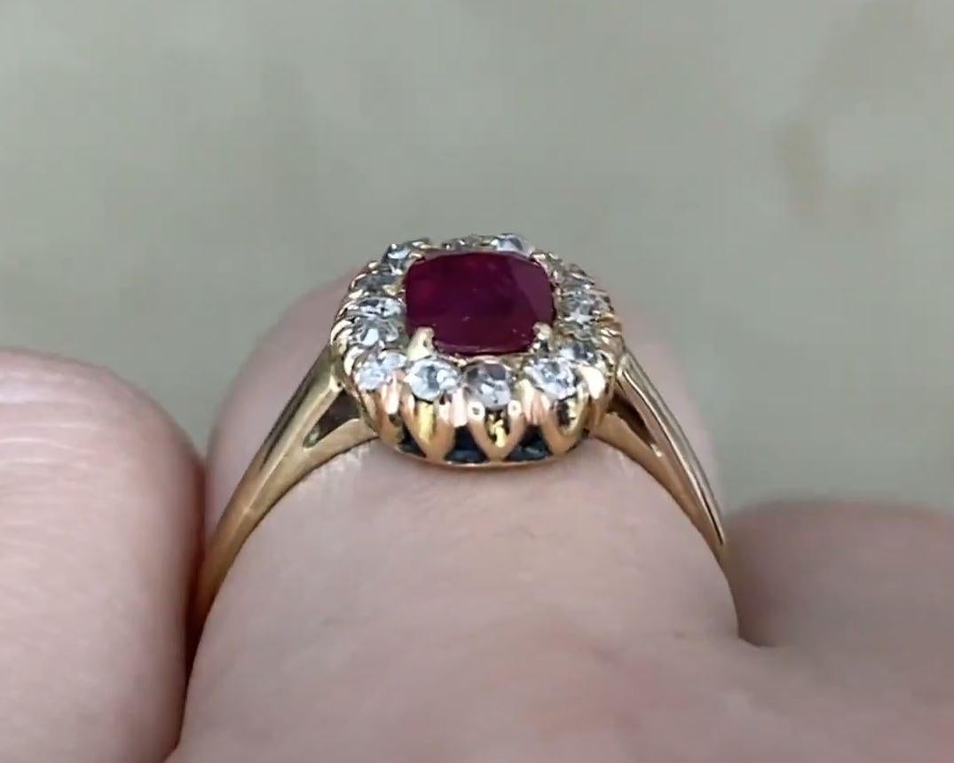 Antique 0.65ct Cushion Cut Ruby Engagement Ring, Diamond Halo, 18k Yellow Gold 3