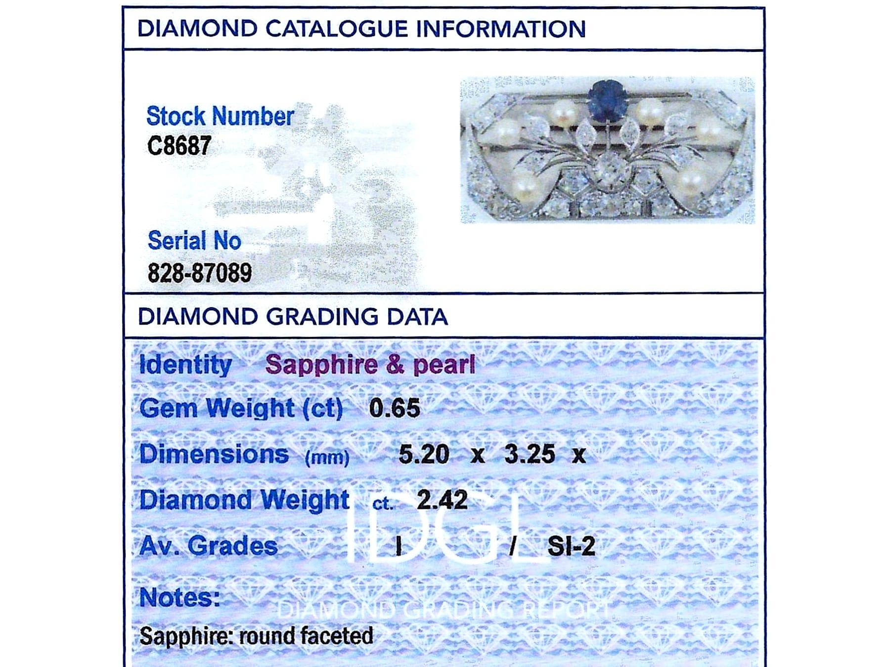 Antique 0.65Ct Sapphire, 2.77Ct Diamond and Pearl, 18k White Gold Brooch For Sale 5