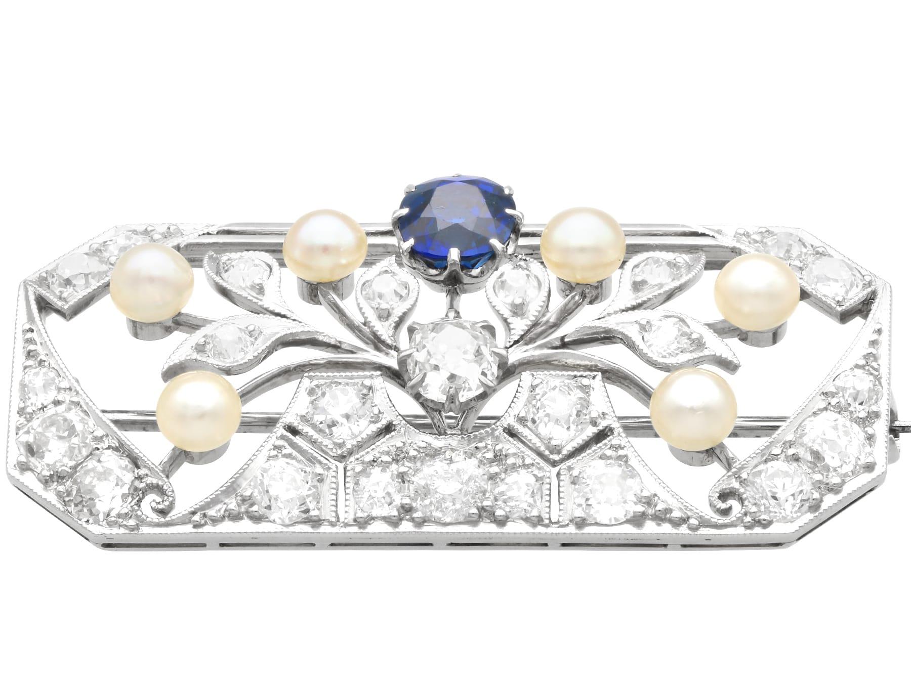 Women's or Men's Antique 0.65Ct Sapphire, 2.77Ct Diamond and Pearl, 18k White Gold Brooch For Sale