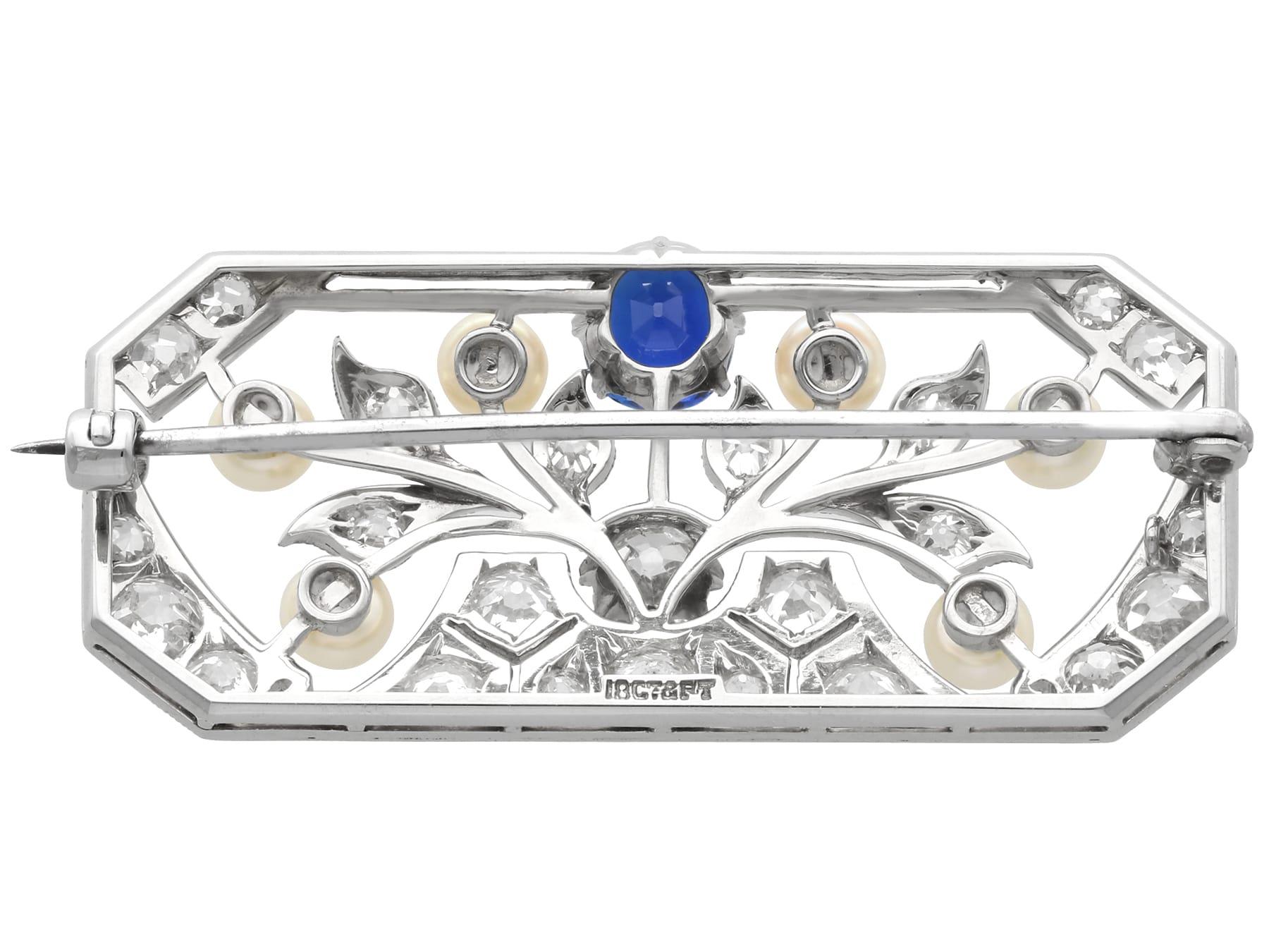 Antique 0.65Ct Sapphire, 2.77Ct Diamond and Pearl, 18k White Gold Brooch For Sale 1