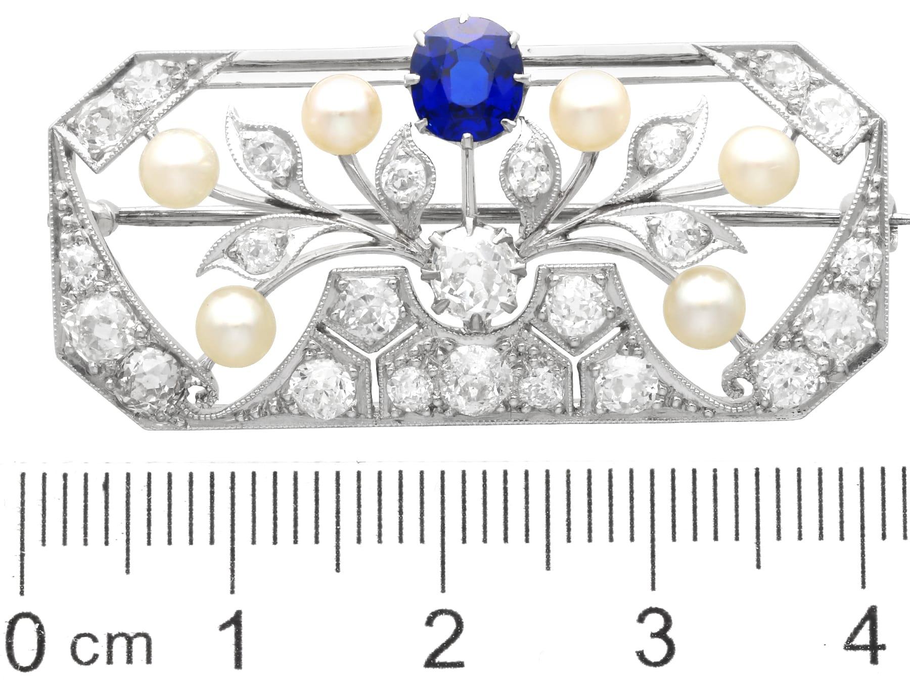 Antique 0.65Ct Sapphire, 2.77Ct Diamond and Pearl, 18k White Gold Brooch For Sale 3