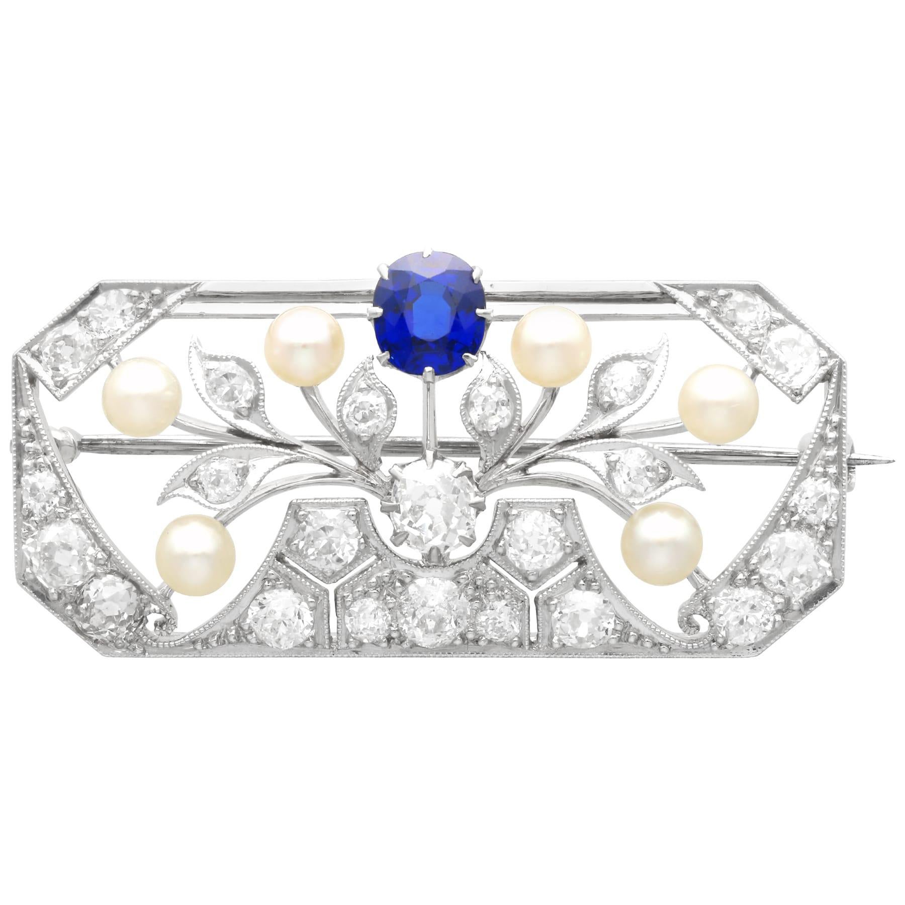 Antique 0.65Ct Sapphire, 2.77Ct Diamond and Pearl, 18k White Gold Brooch