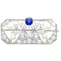 Antique 0.65Ct Sapphire, 2.77Ct Diamond and Pearl, 18k White Gold Brooch