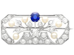 Antique 0.65Ct Sapphire, 2.77Ct Diamond and Pearl, 18k White Gold Brooch