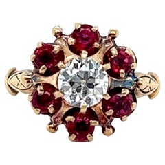 Antique 0.66 Carat Old European Cut Diamond Ruby Yellow Gold Cluster Ring