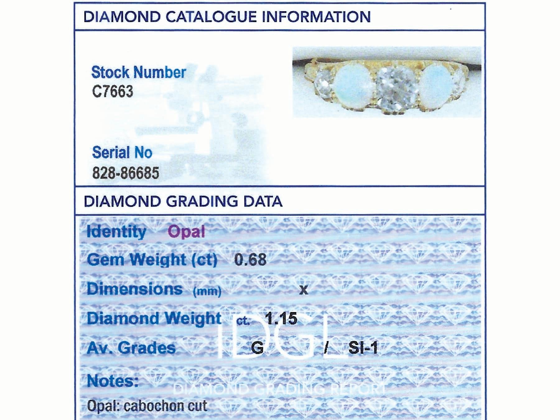 0.68 Carat Opal 1.75 Carat Diamond 18K Yellow Gold Five Stone Ring For Sale 5