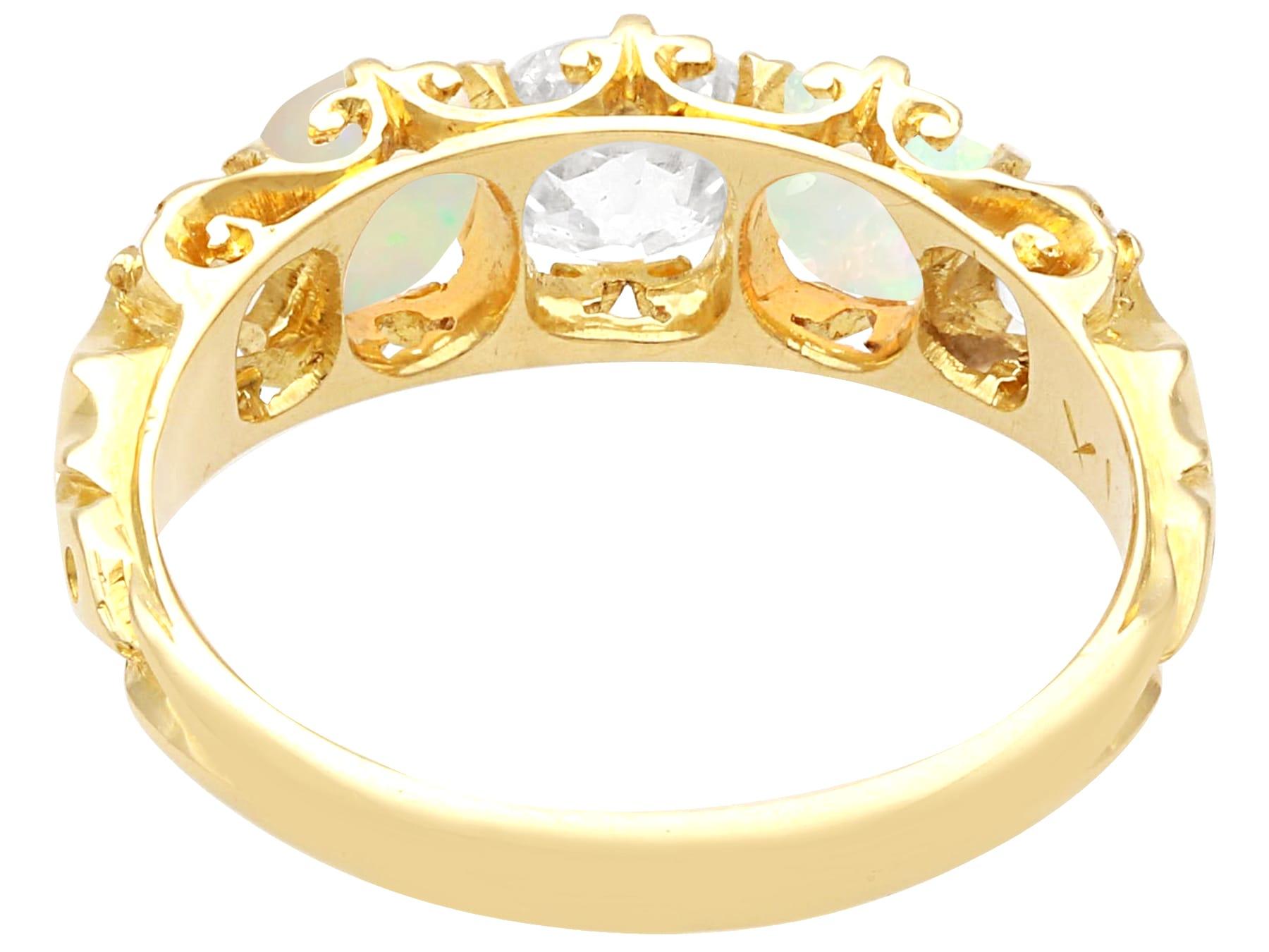 Women's or Men's 0.68 Carat Opal 1.75 Carat Diamond 18K Yellow Gold Five Stone Ring For Sale