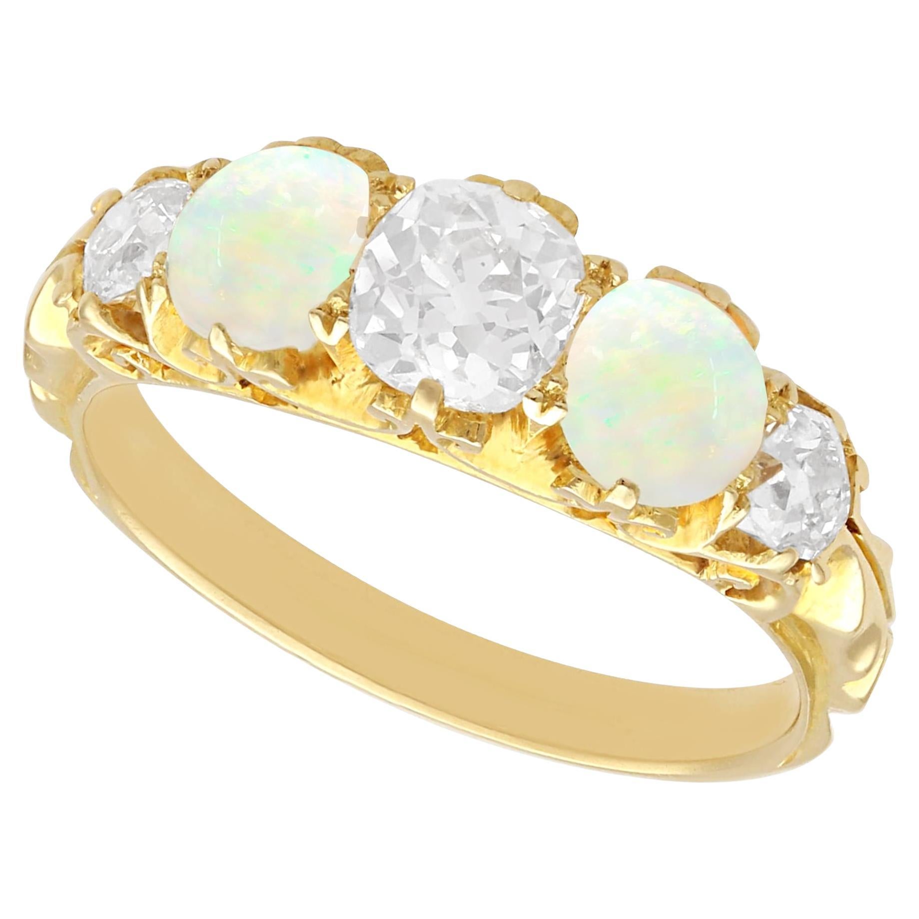 Antique 0.68ct Opal and 1.75 ct Diamond, 18 ct Yellow Gold Five Stone Ring  For Sale at 1stDibs