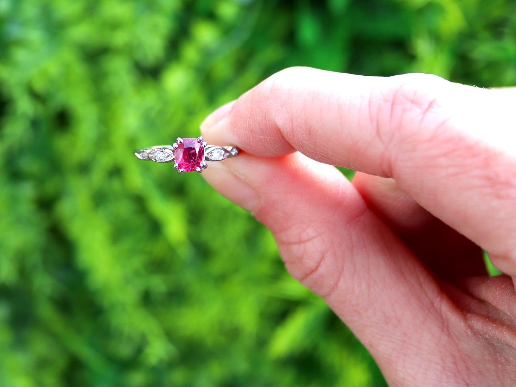 A stunning, fine and impressive antique 0.70 carat Burmese ruby and 0.06 carat diamond, platinum ring; part of our antique ruby jewelry collection.

This stunning, fine and impressive antique ruby ring has been crafted in platinum.

The pierced