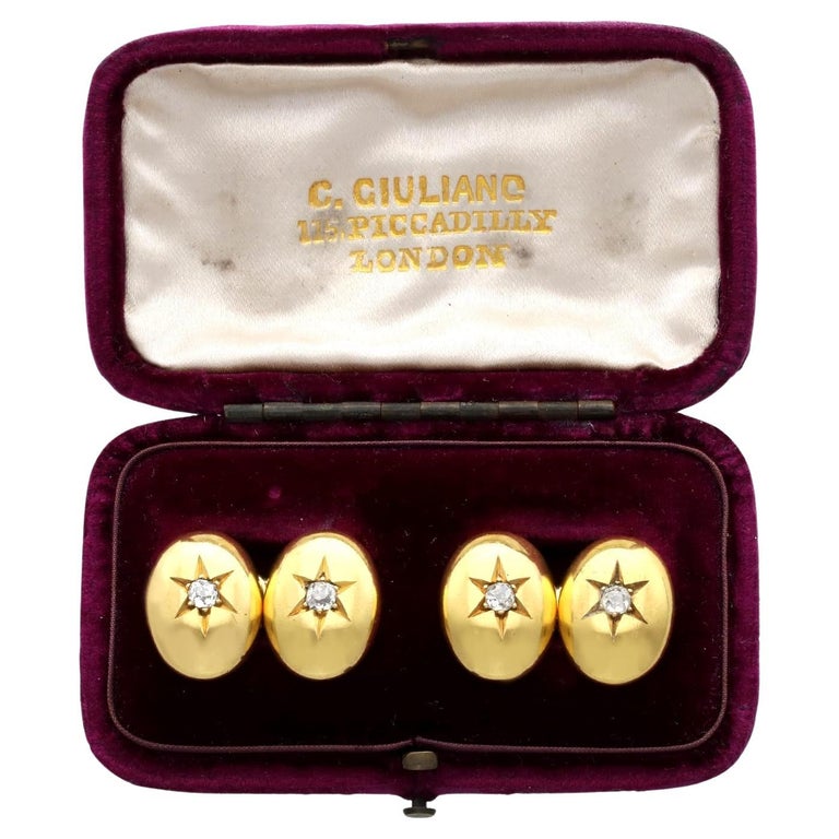 Boutons De Manchette Anciens En Or 14k Deux Tons Et Diamants - Circa 1900