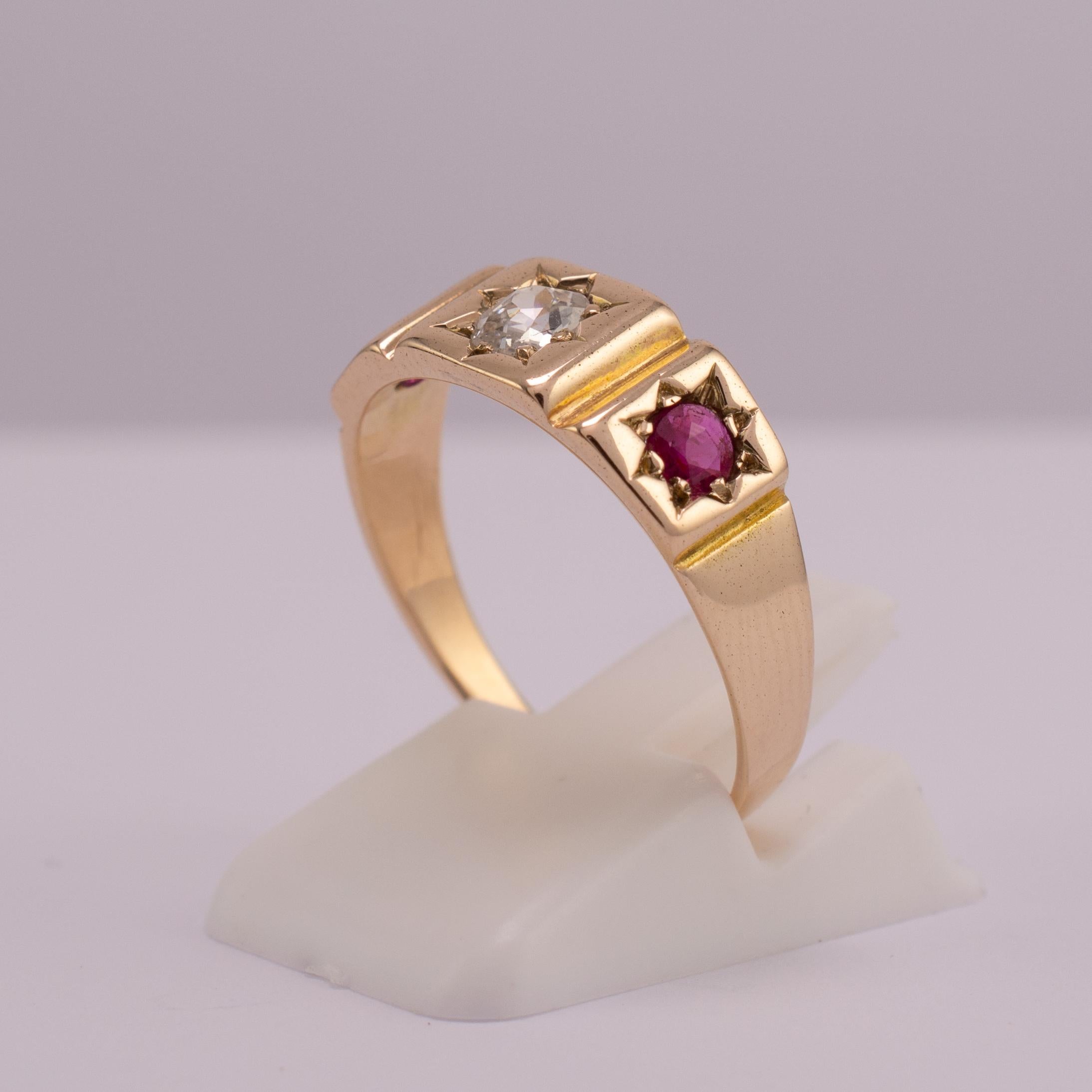 Cushion Cut Antique Ruby Diamond Gypsy Ring 18 Karat Gold For Sale