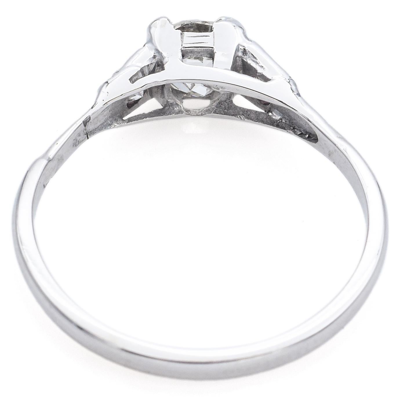 Women's Antique 0.72 TCW Old Mine Cut Diamond White Gold Three-Stone Band Ring Size  For Sale