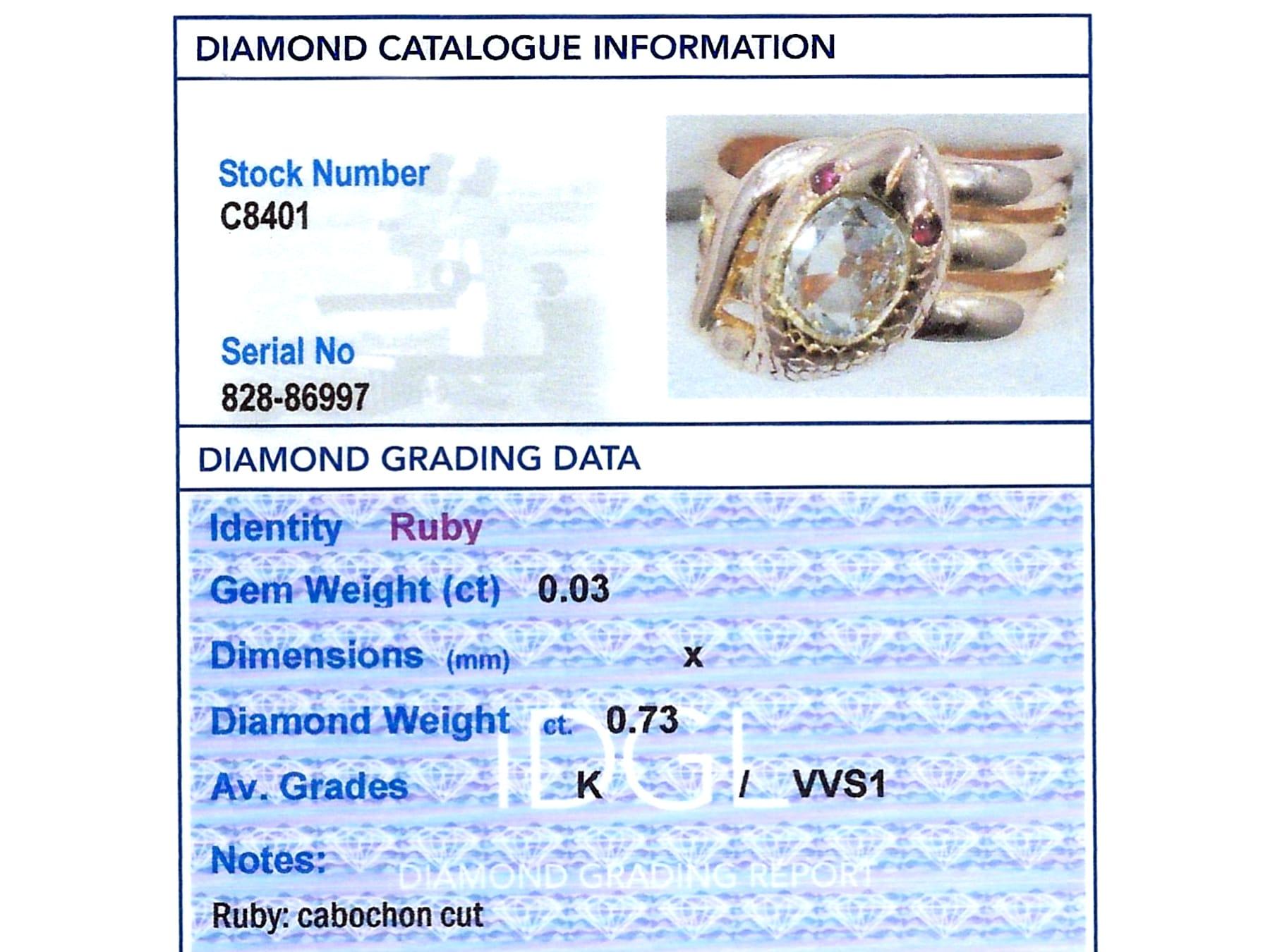 Antiker 0,73 Karat Diamant und Rubin 18k Roségold Schlangenring im Angebot 7