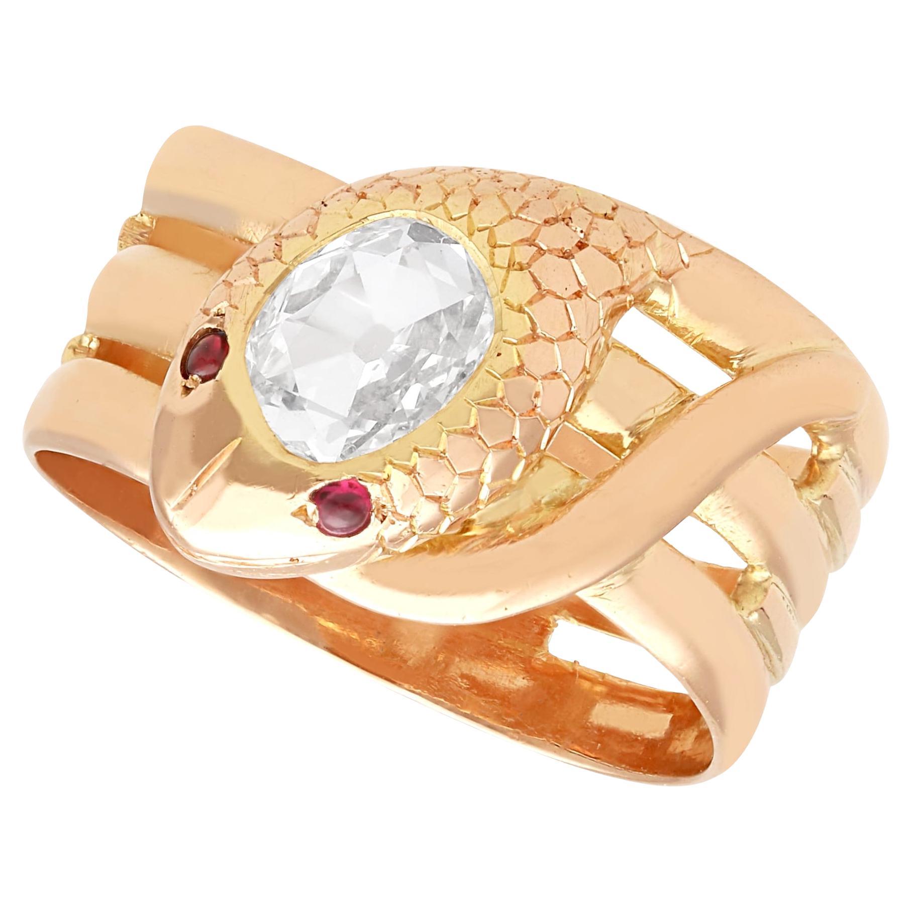 Antique 0.73ct Diamond and Ruby 18k Rose Gold Snake Ring For Sale