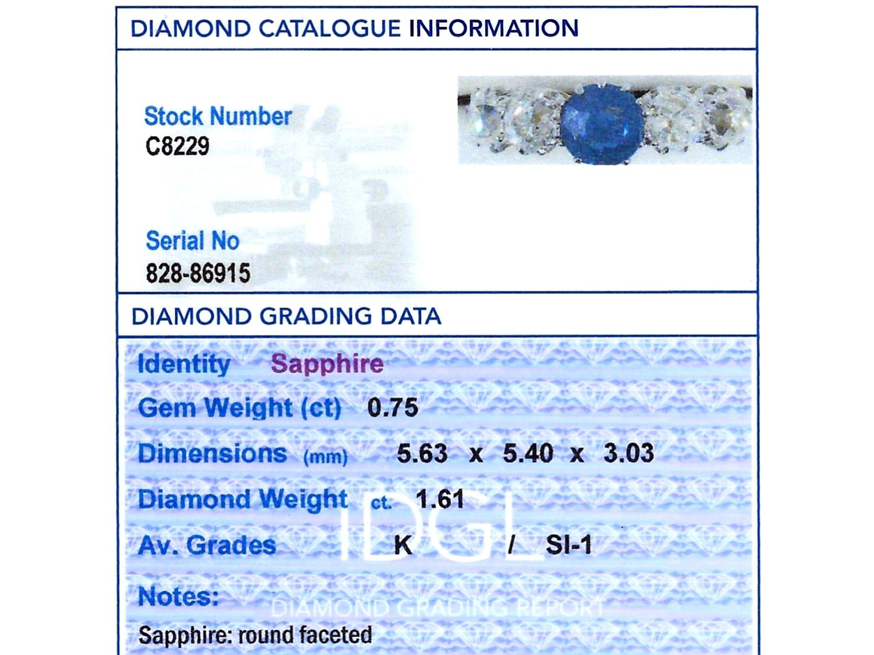 Antique 0.75 Carat Sapphire and 1.61 Carat Diamond Yellow Gold Five Stone Ring For Sale 5