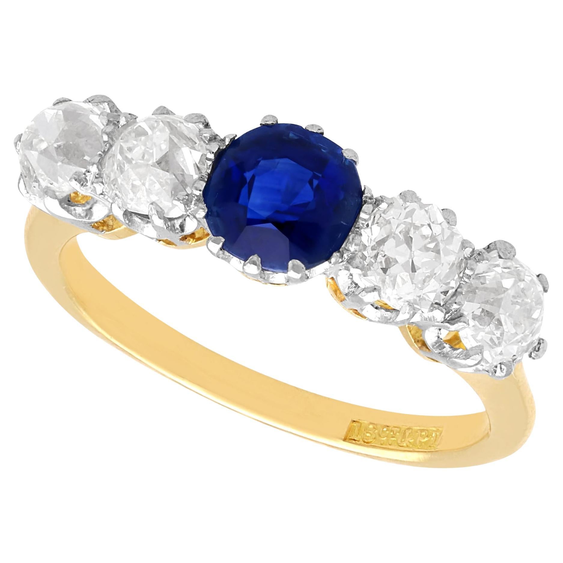 Antique 0.75 Carat Sapphire and 1.61 Carat Diamond Yellow Gold Five Stone Ring For Sale