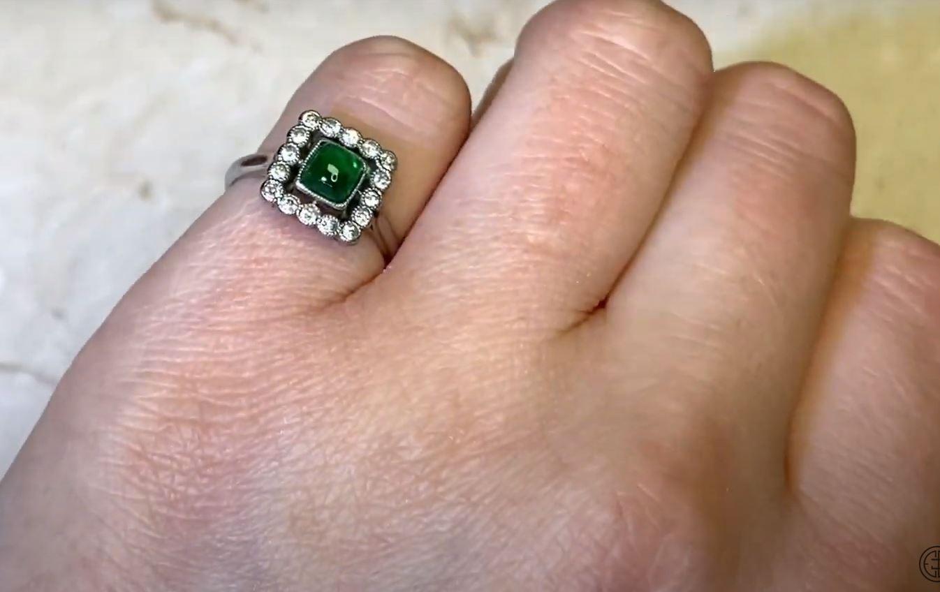 Antique 0.75ct Sugarloaf Cut Emerald Engagement Ring, Diamond Halo, Platinum For Sale 4