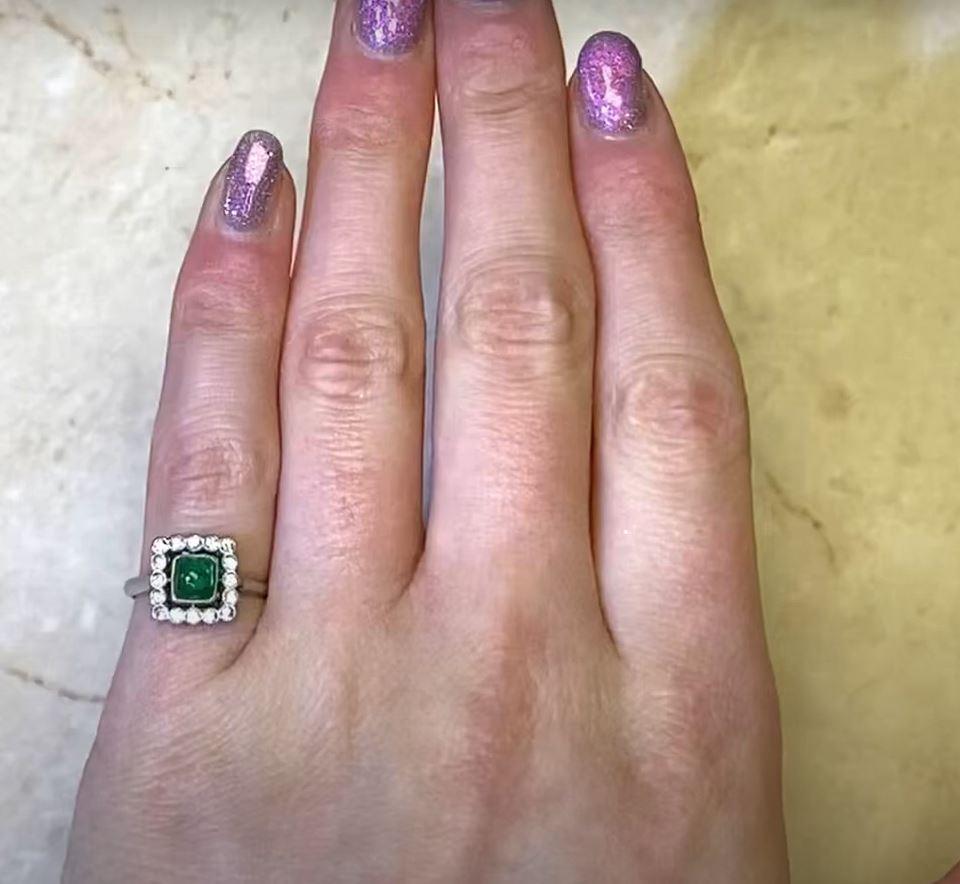 Antique 0.75ct Sugarloaf Cut Emerald Engagement Ring, Diamond Halo, Platinum For Sale 5
