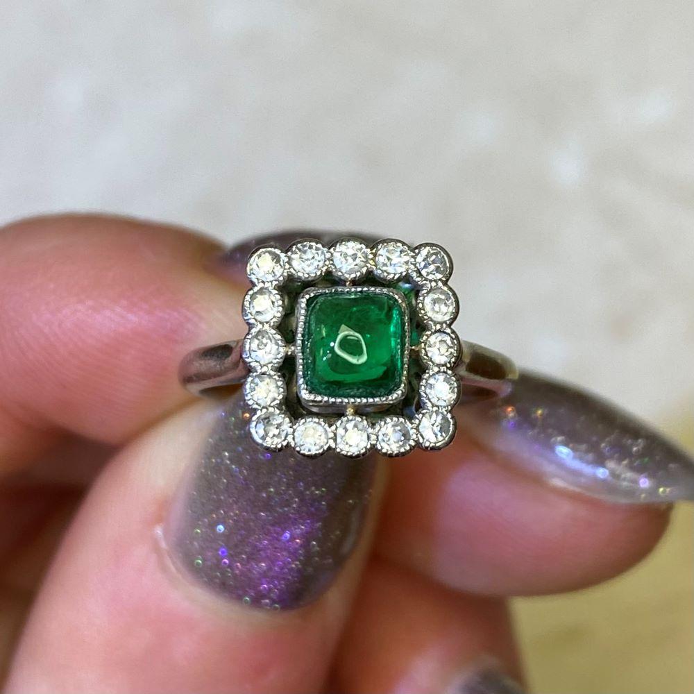 Antique 0.75ct Sugarloaf Cut Emerald Engagement Ring, Diamond Halo, Platinum For Sale 6