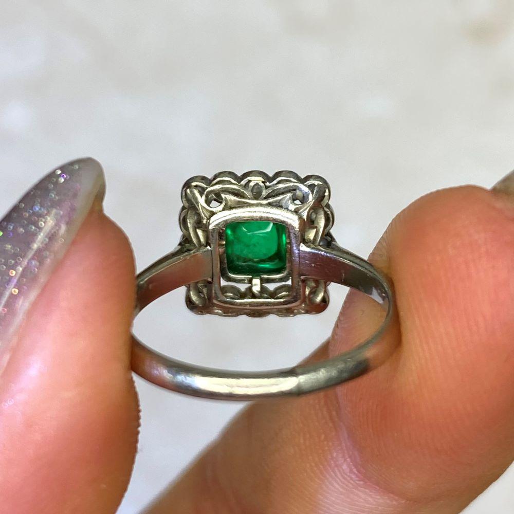 Antique 0.75ct Sugarloaf Cut Emerald Engagement Ring, Diamond Halo, Platinum For Sale 7