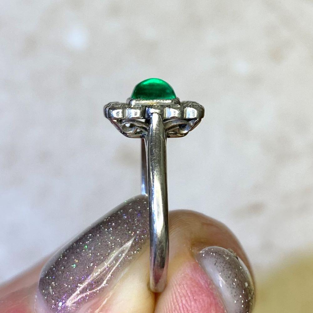 Antique 0.75ct Sugarloaf Cut Emerald Engagement Ring, Diamond Halo, Platinum For Sale 8