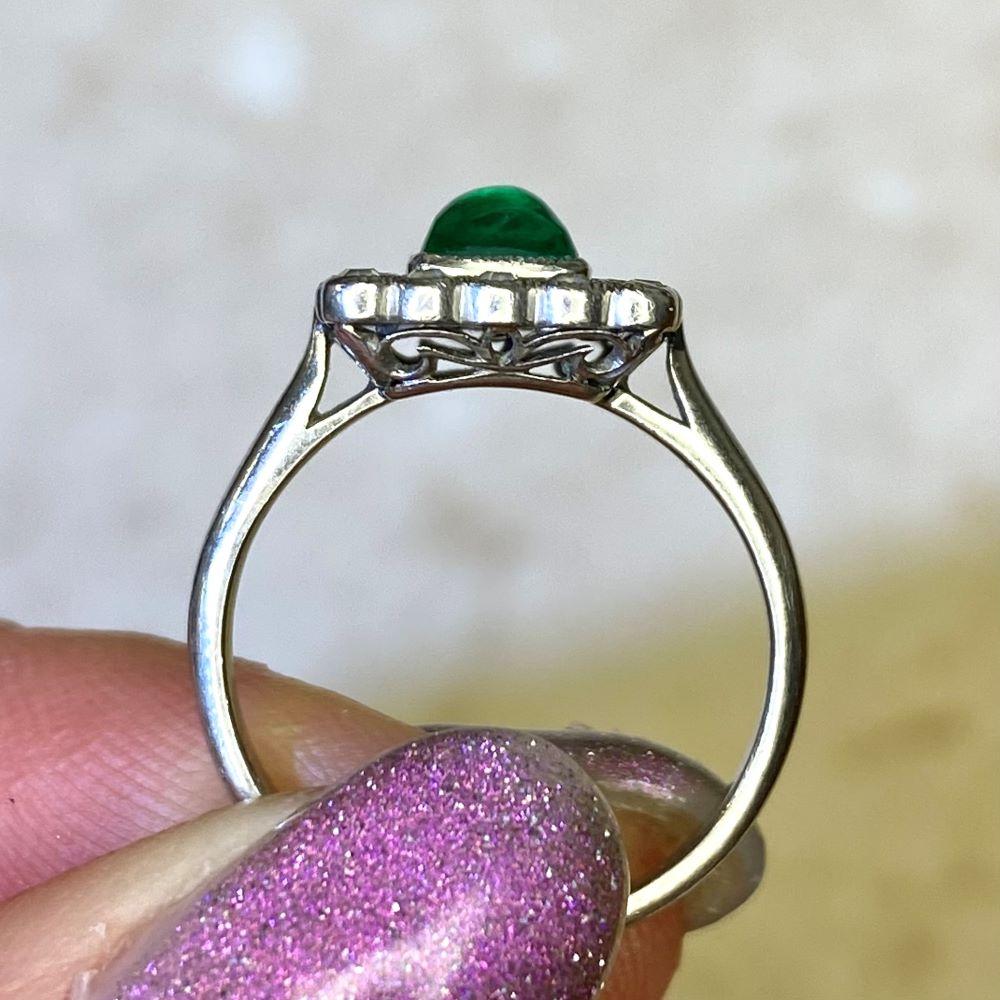 Antique 0.75ct Sugarloaf Cut Emerald Engagement Ring, Diamond Halo, Platinum For Sale 9
