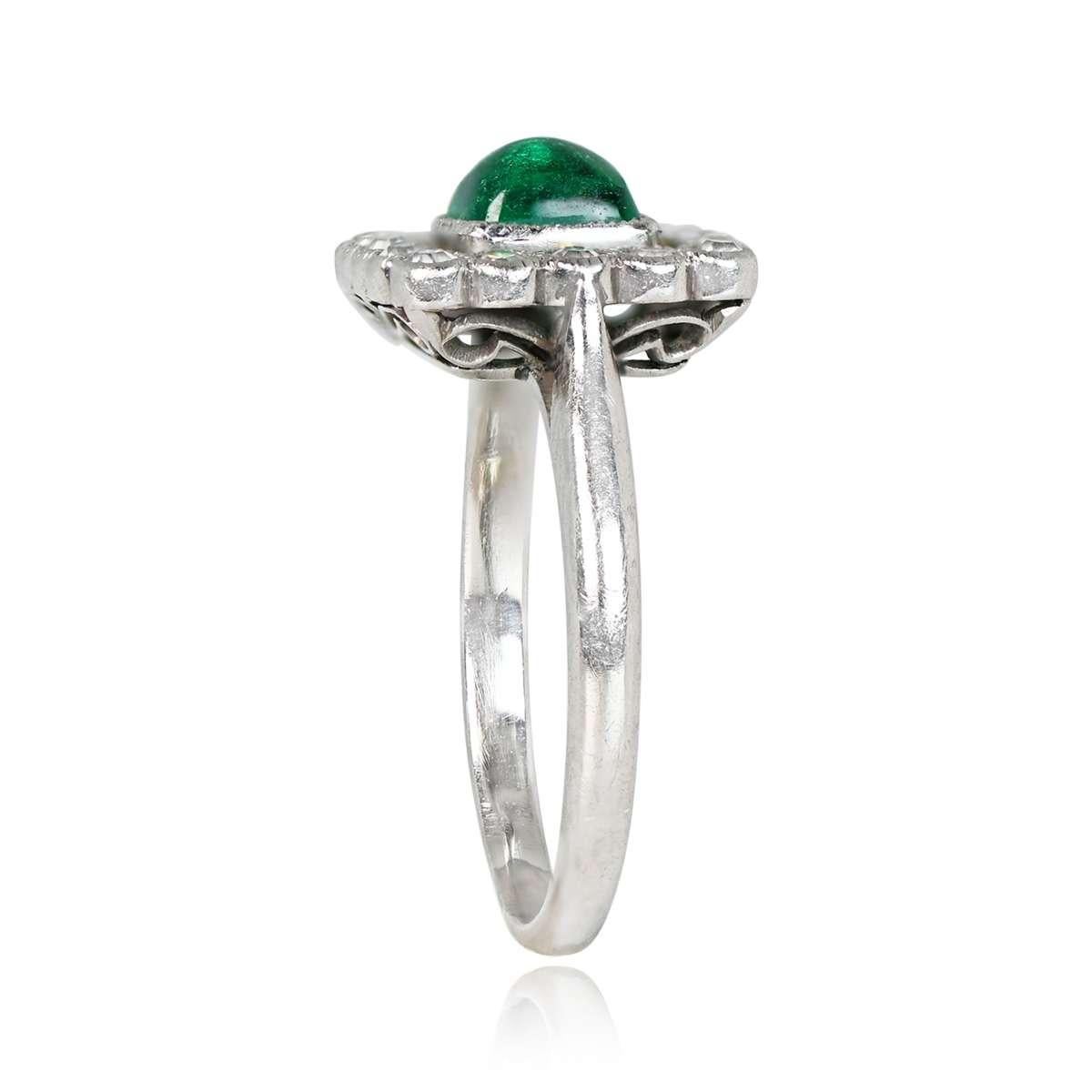 Edwardian Antique 0.75ct Sugarloaf Cut Emerald Engagement Ring, Diamond Halo, Platinum For Sale