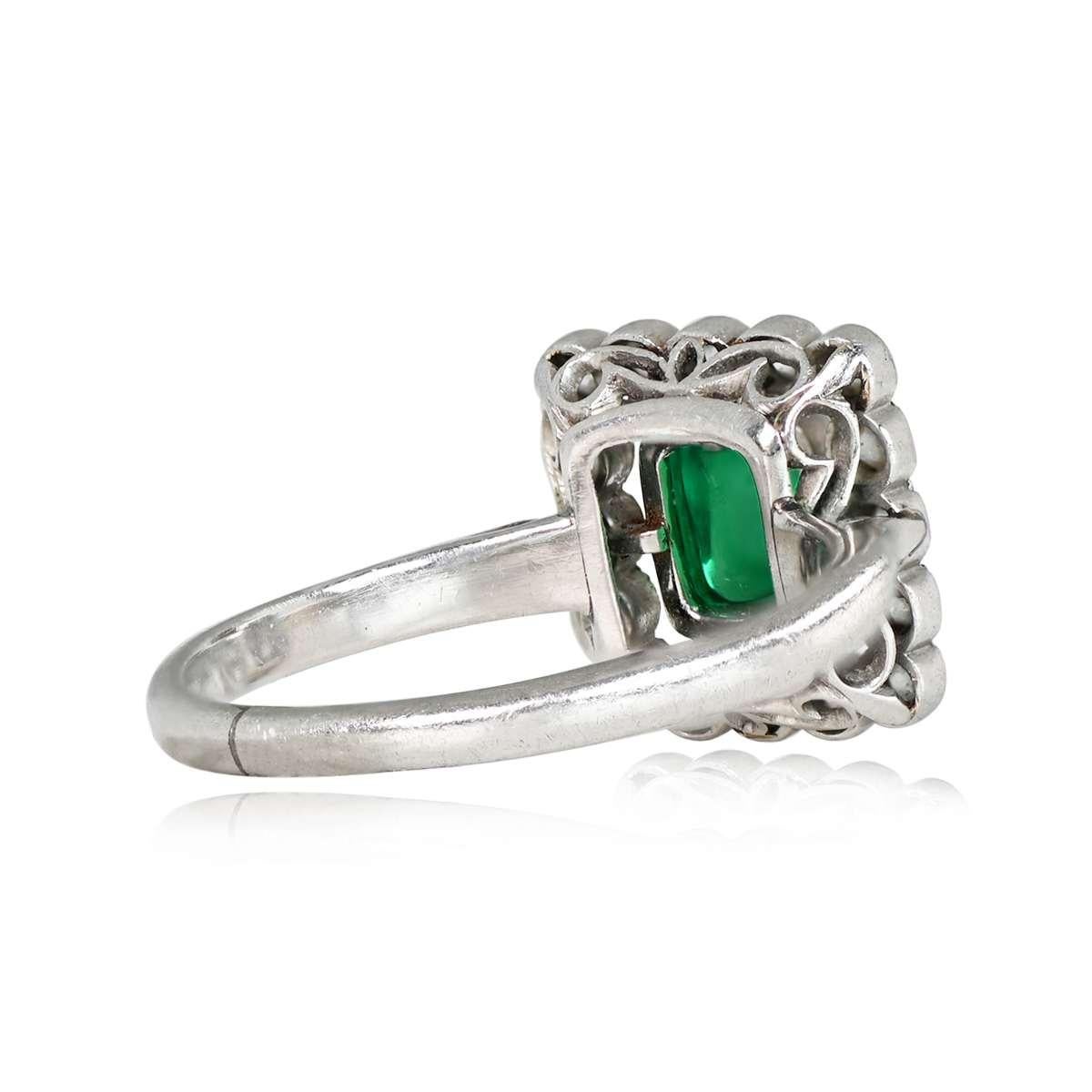 Sugarloaf Cabochon Antique 0.75ct Sugarloaf Cut Emerald Engagement Ring, Diamond Halo, Platinum For Sale