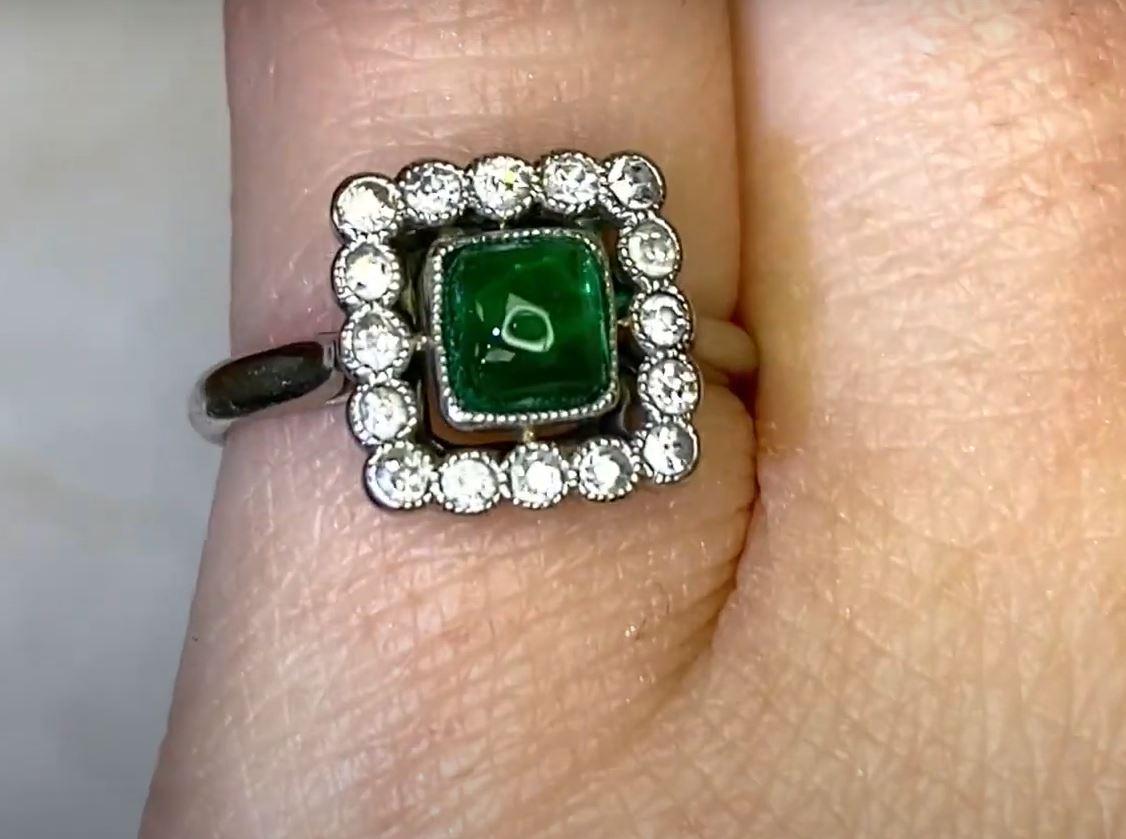 Women's Antique 0.75ct Sugarloaf Cut Emerald Engagement Ring, Diamond Halo, Platinum For Sale