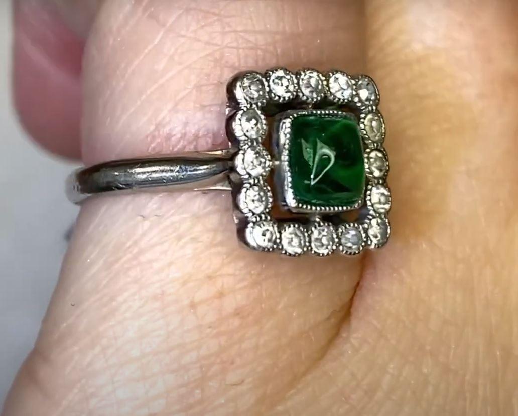 Antique 0.75ct Sugarloaf Cut Emerald Engagement Ring, Diamond Halo, Platinum For Sale 1